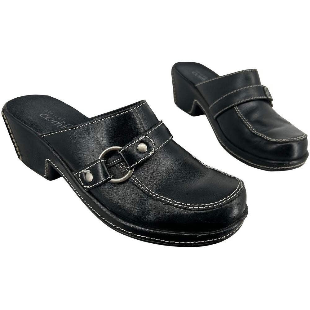 VTG y2k Women's Black Leather Strictly Comfort Buckle Block Heel Mules Clogs 7M
